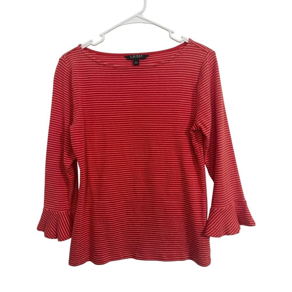 Lauren Ralph Lauren Top Cotton Size LARGE Ruffle Sleeve Red-Orange White Stripe